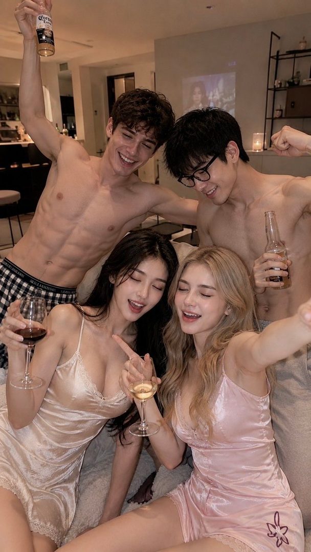 Four young adults, two men and two women, pose for a selfie in pajamas, holding drinks and smiling.
