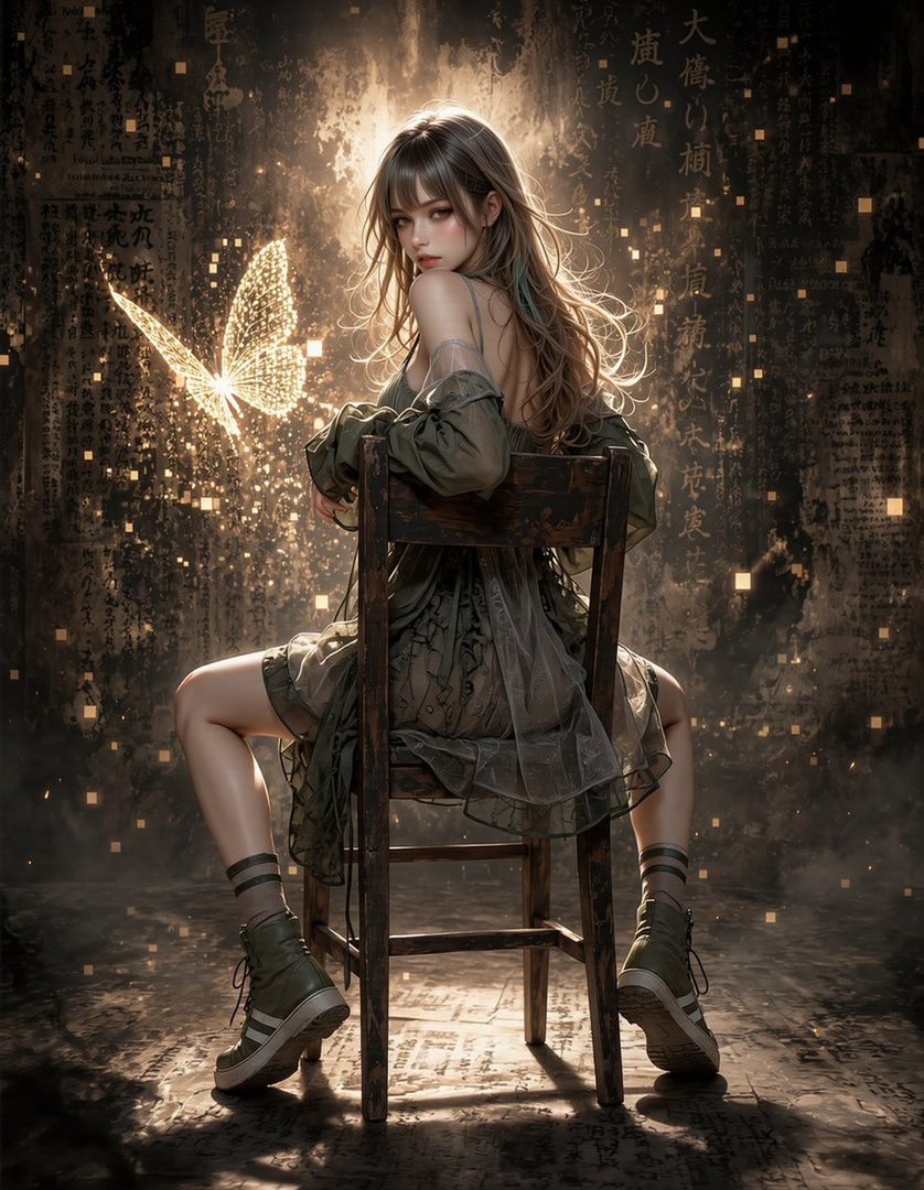 A young woman with long, wavy brown hair sits on a wooden chair, looking over her shoulder. She wears a dark green dress and boots, with a glowing butterfly beside her. The background features textured walls with Asian script and scattered golden lights.