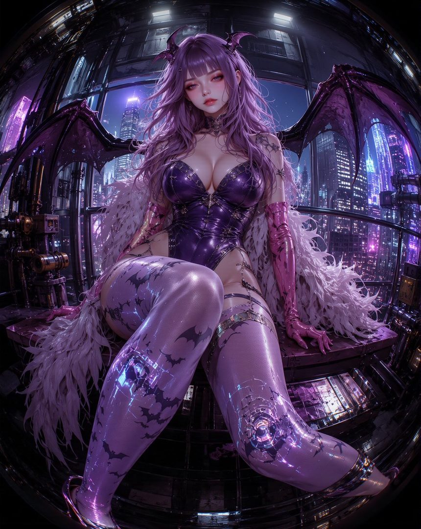 A purple-haired anime-style woman with bat wings and horns, wearing a revealing purple outfit, sits in front of a futuristic city skyline at night.