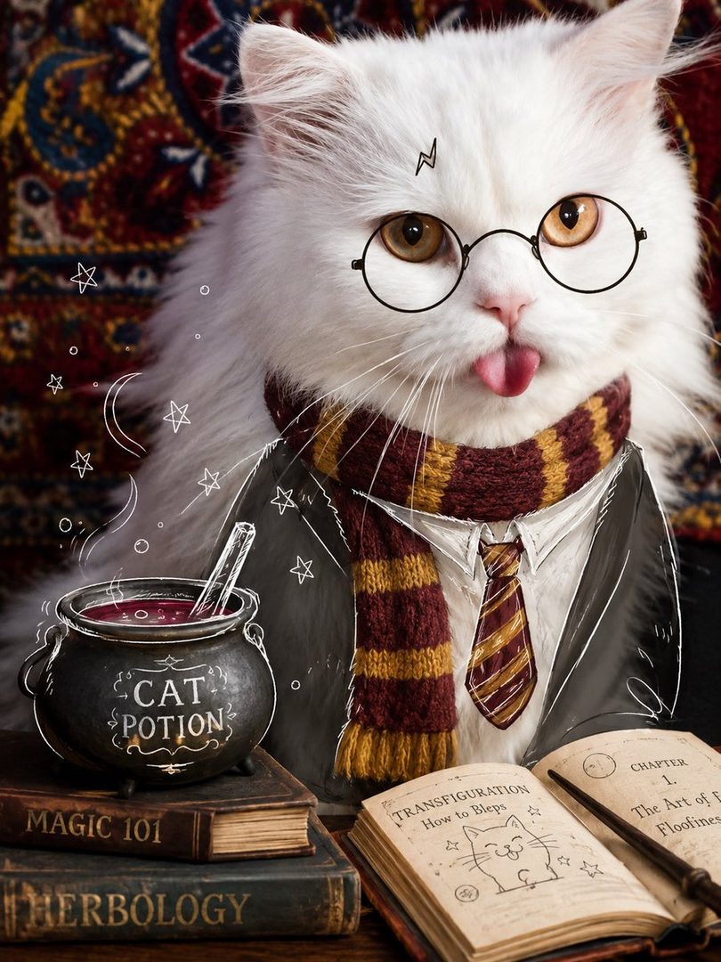 A fluffy white cat dressed as a wizard, wearing glasses and a scarf, with a potion cauldron and spellbooks.