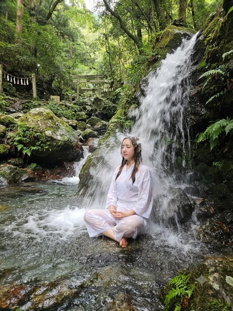 A young woman in a white kimono sits in meditation by a waterfall in a lush forest.