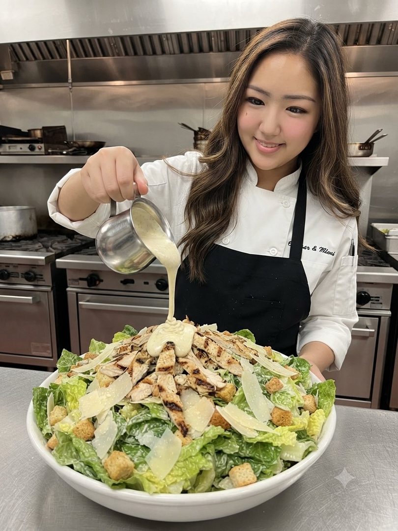 A young East Asian woman in a chef's uniform pours dressing onto a large Caesar salad in a kitchen.