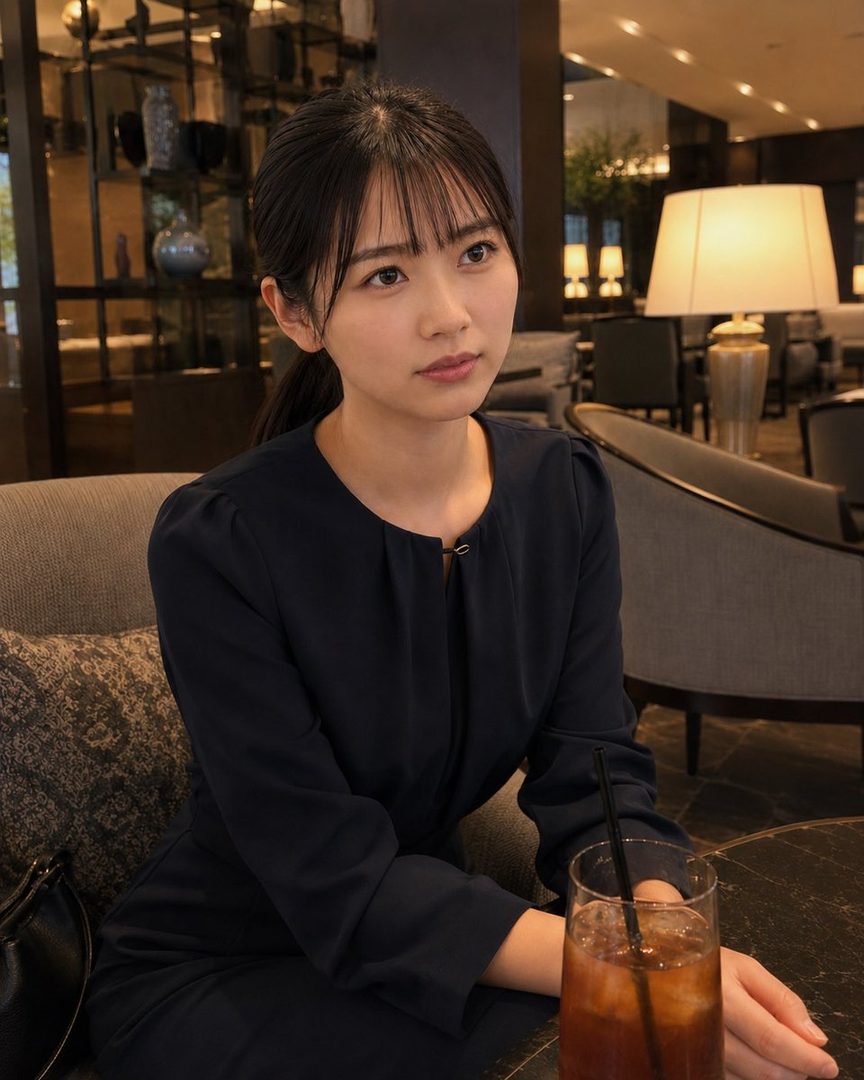 A young East Asian woman with black hair tied in a ponytail, wearing a dark blue blouse, sits indoors at a table with a drink, looking thoughtfully to the side.