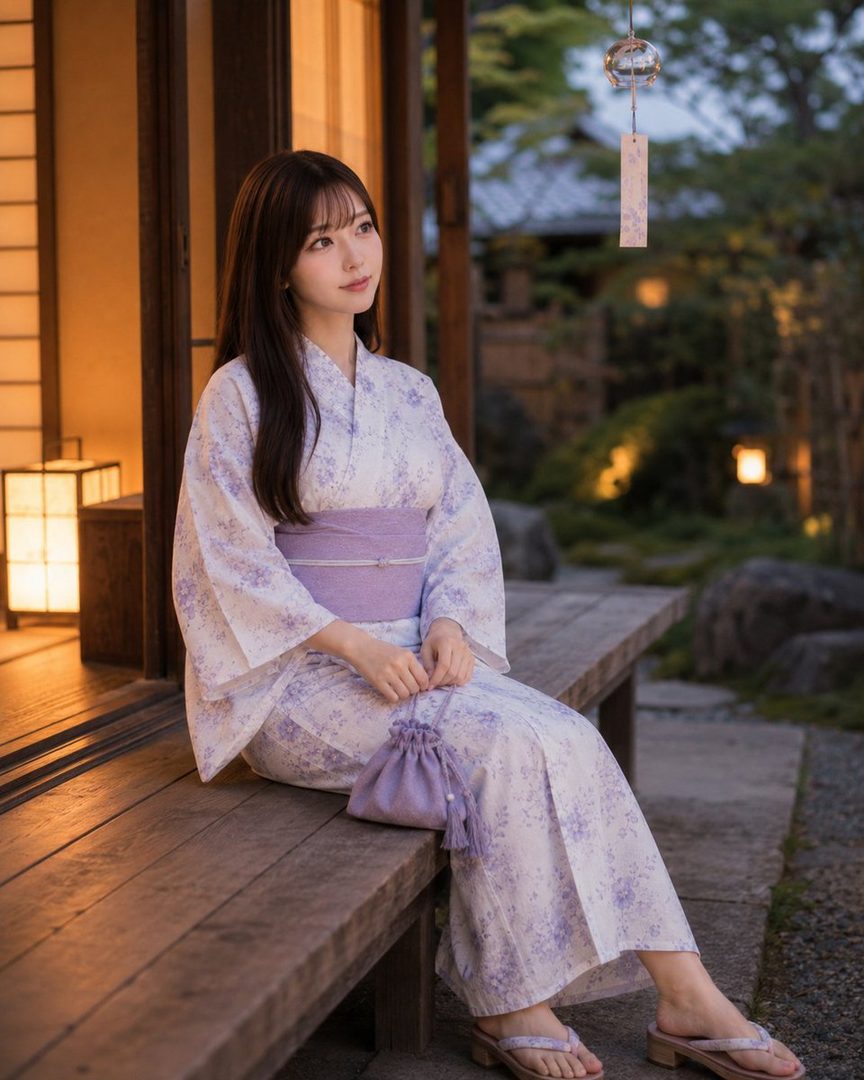 A young Japanese woman in a light purple floral yukata sits on a wooden bench outdoors, holding a small drawstring bag, with a wind chime visible in the background.