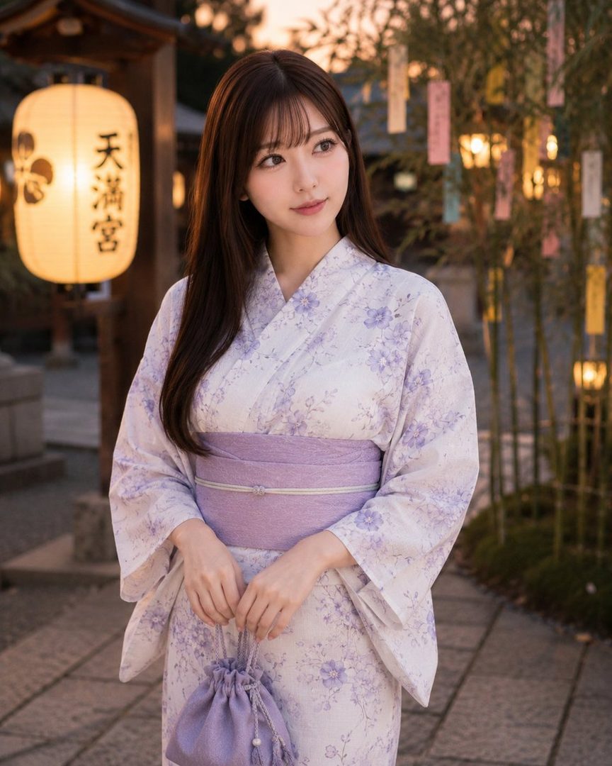 A Japanese woman in a light purple floral yukata stands outdoors at dusk, holding a small drawstring bag, with a traditional lantern and bamboo decorations in the background.