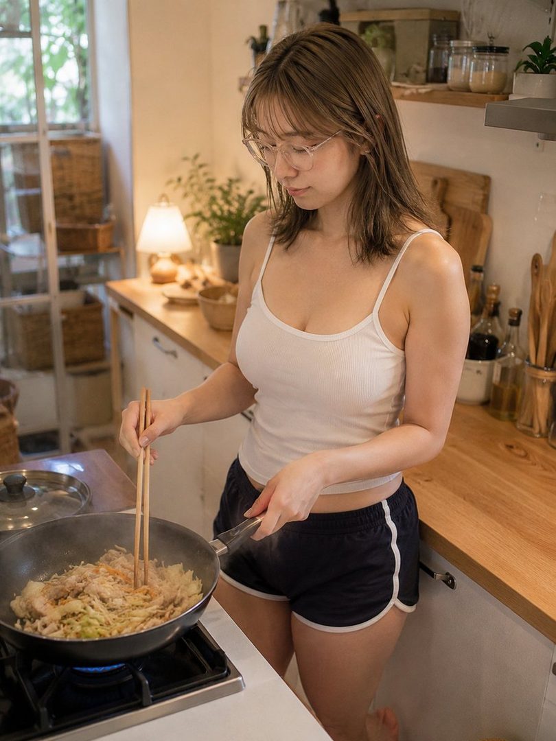 A young woman with brown hair and glasses is cooking in a kitchen, stirring food in a wok with chopsticks.