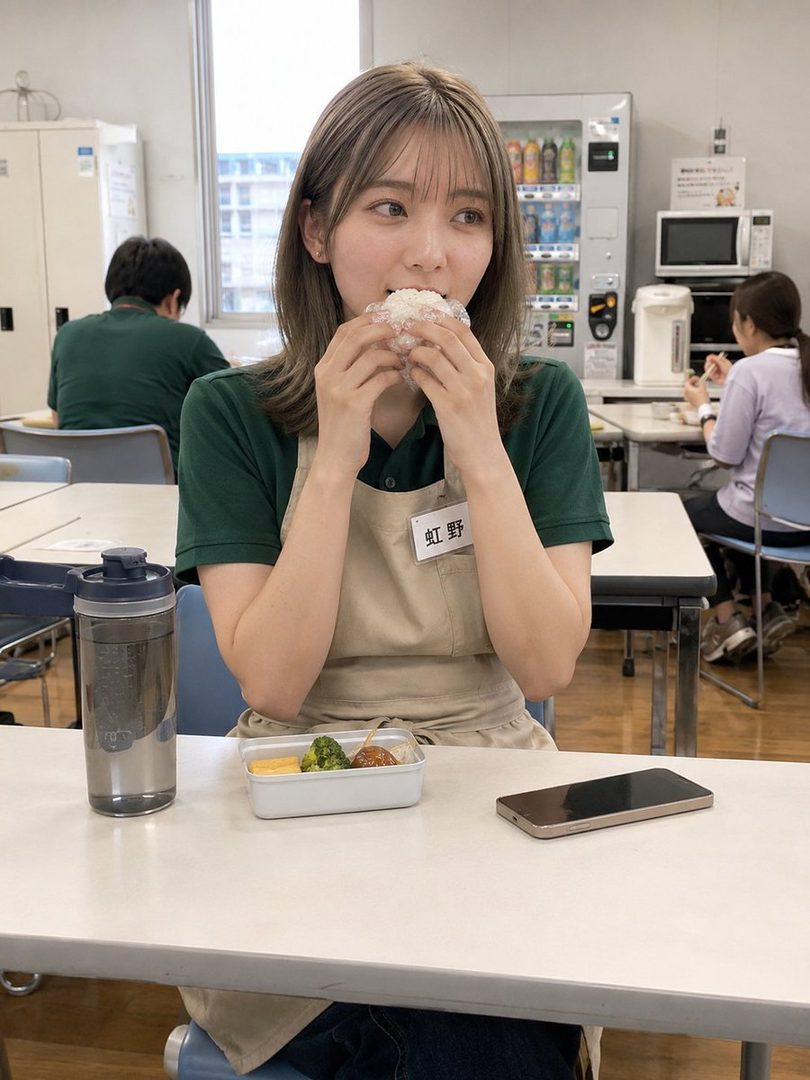 A young woman with brown hair is eating a rice ball in a break room, with a bento box and a water bottle on the table.
