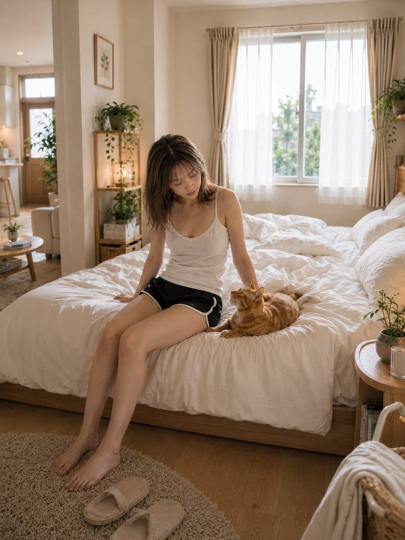 A young woman with brown hair sits on a bed next to an orange cat, looking down with a gentle expression. She is wearing a white camisole and black shorts, with slippers on the floor nearby. The room is softly lit with natural light coming through the window.
