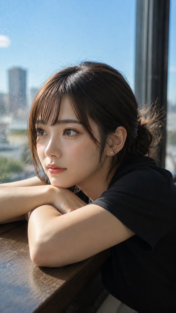 A young East Asian woman with brown hair tied in a bun, wearing a black t-shirt, looks out a window with her arms resting on a wooden table.