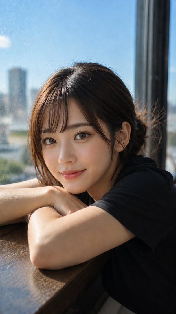 A beautiful AI-generated portrait of a young East Asian woman with brown hair, resting her arms on a wooden table, with a city skyline visible through a window in the background.