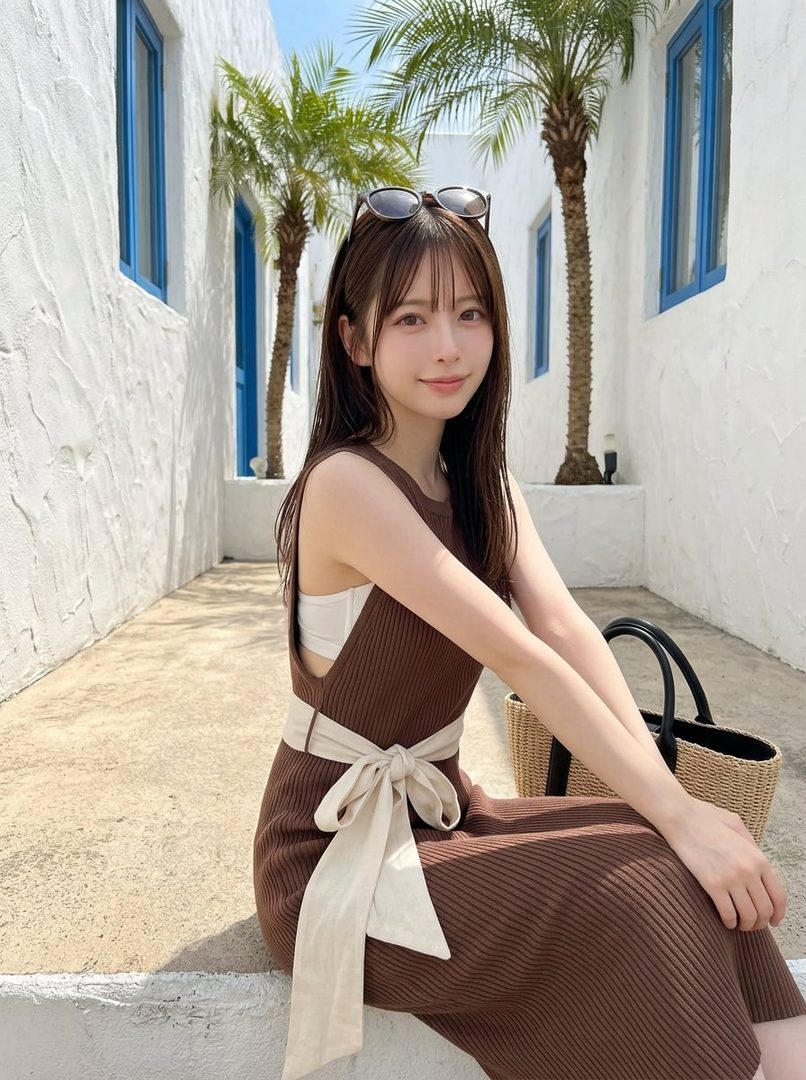 A young Japanese woman with long brown hair and bangs, wearing a brown dress and a white top, sits outdoors in a sunny alleyway with palm trees and white buildings.