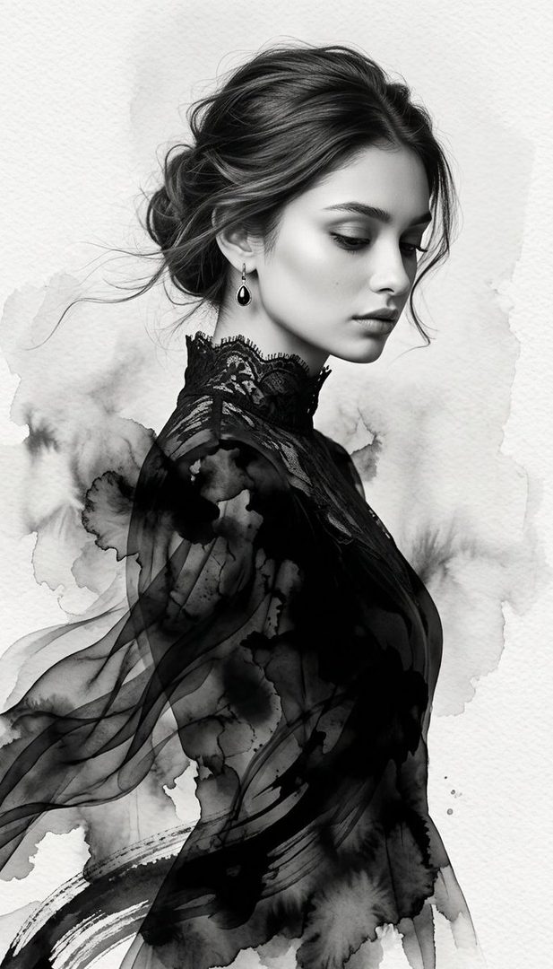 A black and white portrait of a woman with her hair styled up, wearing a black lace dress and earrings, with abstract watercolor-like background elements.