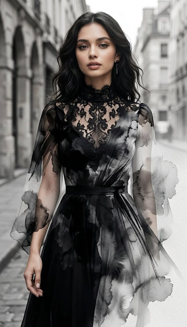 A woman with long, dark, wavy hair and dark eyes, wearing an elegant black and white watercolor-patterned dress with lace detailing, stands on a street.
