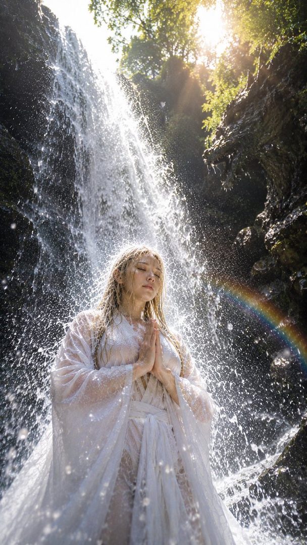 A woman with long blonde hair, wearing a white sheer dress, stands with her hands clasped in prayer under a waterfall, with a rainbow visible in the mist.