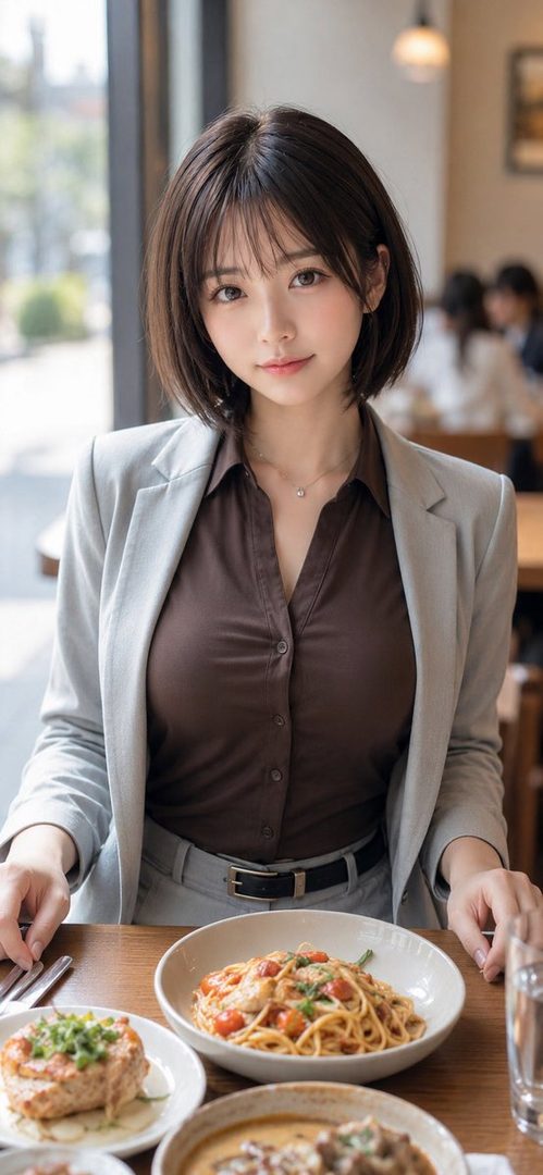 A young East Asian woman with short brown hair and bangs, wearing a brown blouse and a light grey blazer, sits at a cafe table with plates of food in front of her.
