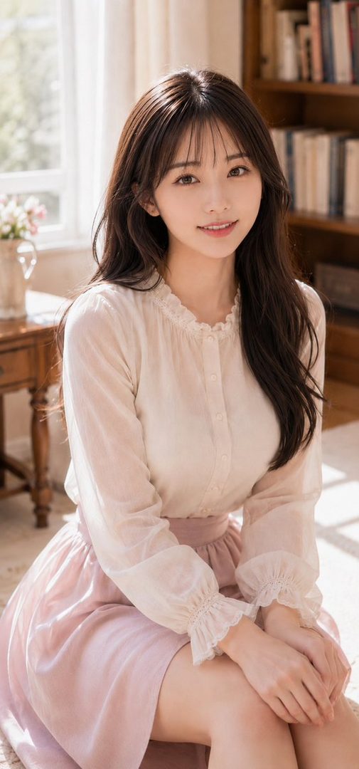 A beautiful East Asian woman with long brown hair and bangs, wearing a white blouse and pink skirt, sits indoors bathed in soft morning light.