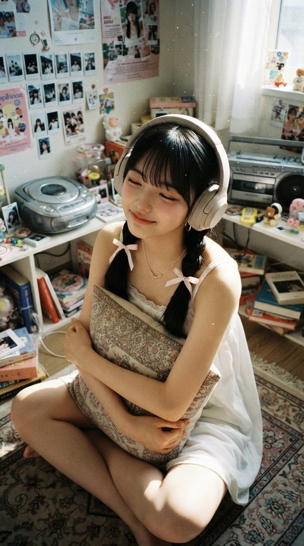 A young woman with black braided hair and headphones sits on the floor, hugging a pillow, in a room decorated with posters and photos.