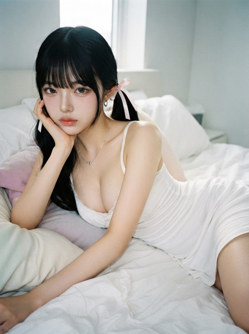 A young woman with black hair tied in twin tails with pink ribbons, wearing a white slip dress, poses on a bed.