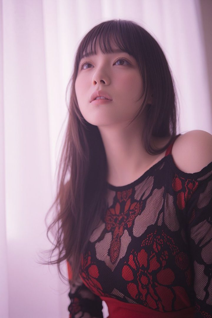 A young woman with long brown hair and bangs looks up dreamily, wearing a black lace top with red accents.