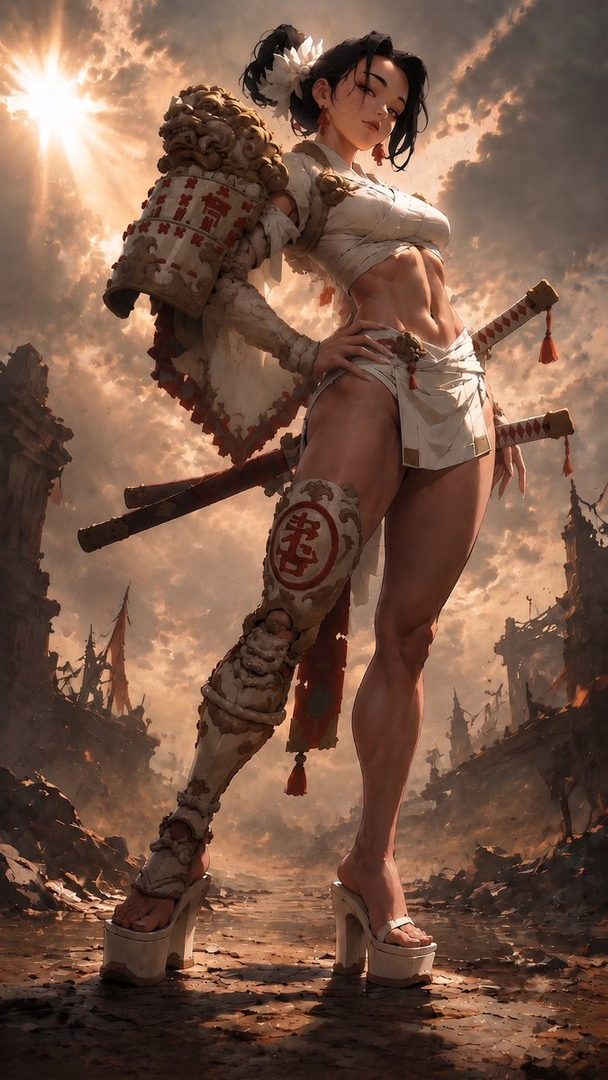A female samurai with black hair in a ponytail, wearing a white outfit and platform heels, stands in a desolate outdoor environment with a dramatic sky.