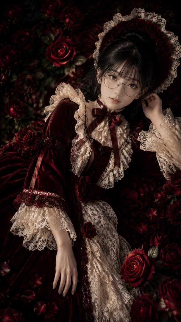 A young woman with dark hair and glasses, wearing a vintage-style dark red velvet dress with lace trim, lies among red roses.