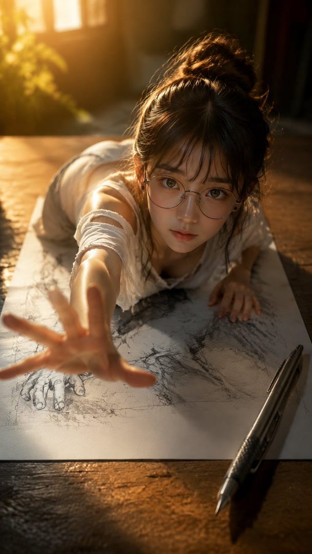 A young woman with her hair in a bun, wearing glasses and a white top, reaches out towards the viewer while lying on a drawing.