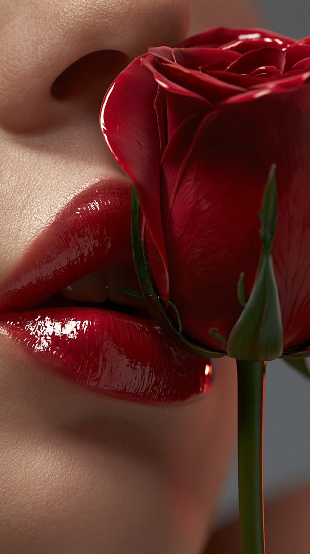 Close-up of a woman's lips with glossy red lipstick, holding a red rose.
