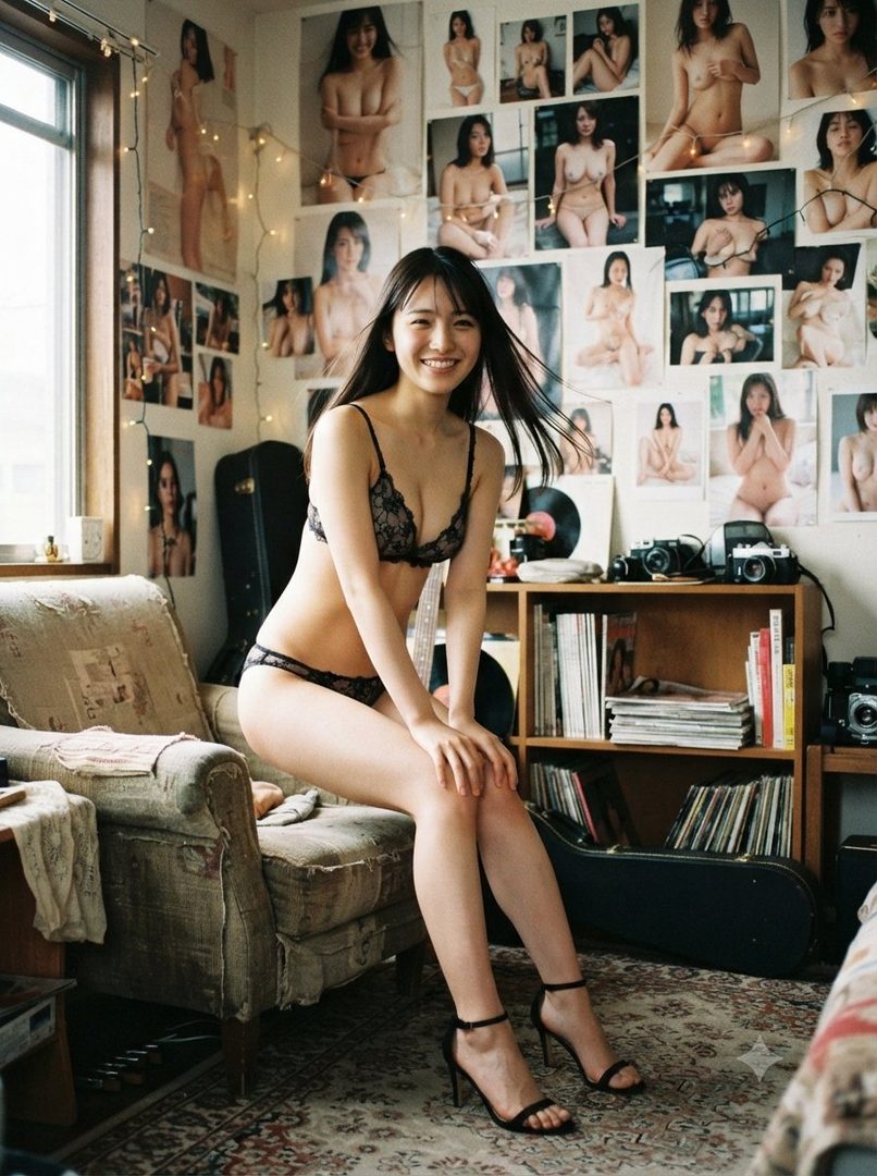 A young woman in a black lace bra and panties sits on a chair in a room decorated with posters, smiling.