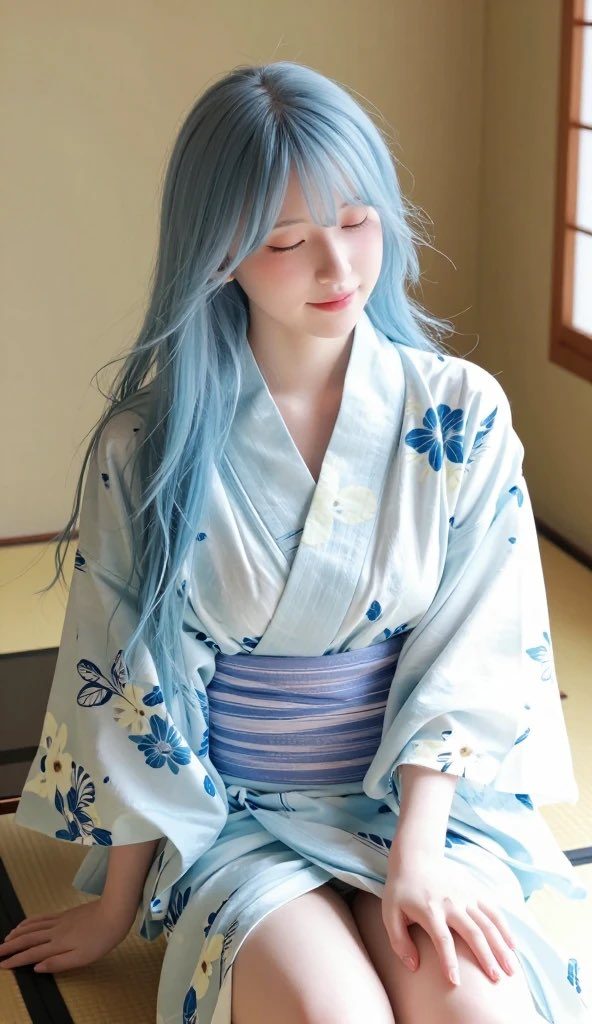 A young woman with long, light blue hair wearing a traditional Japanese yukata with a floral pattern.