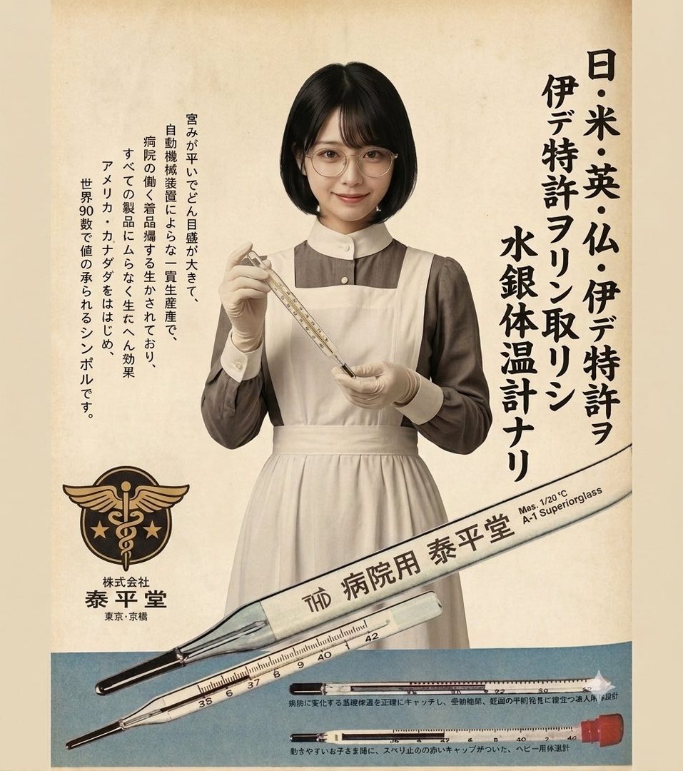 A young woman in a nurse's uniform and glasses holds a thermometer, with vintage medical product advertisements in the background.