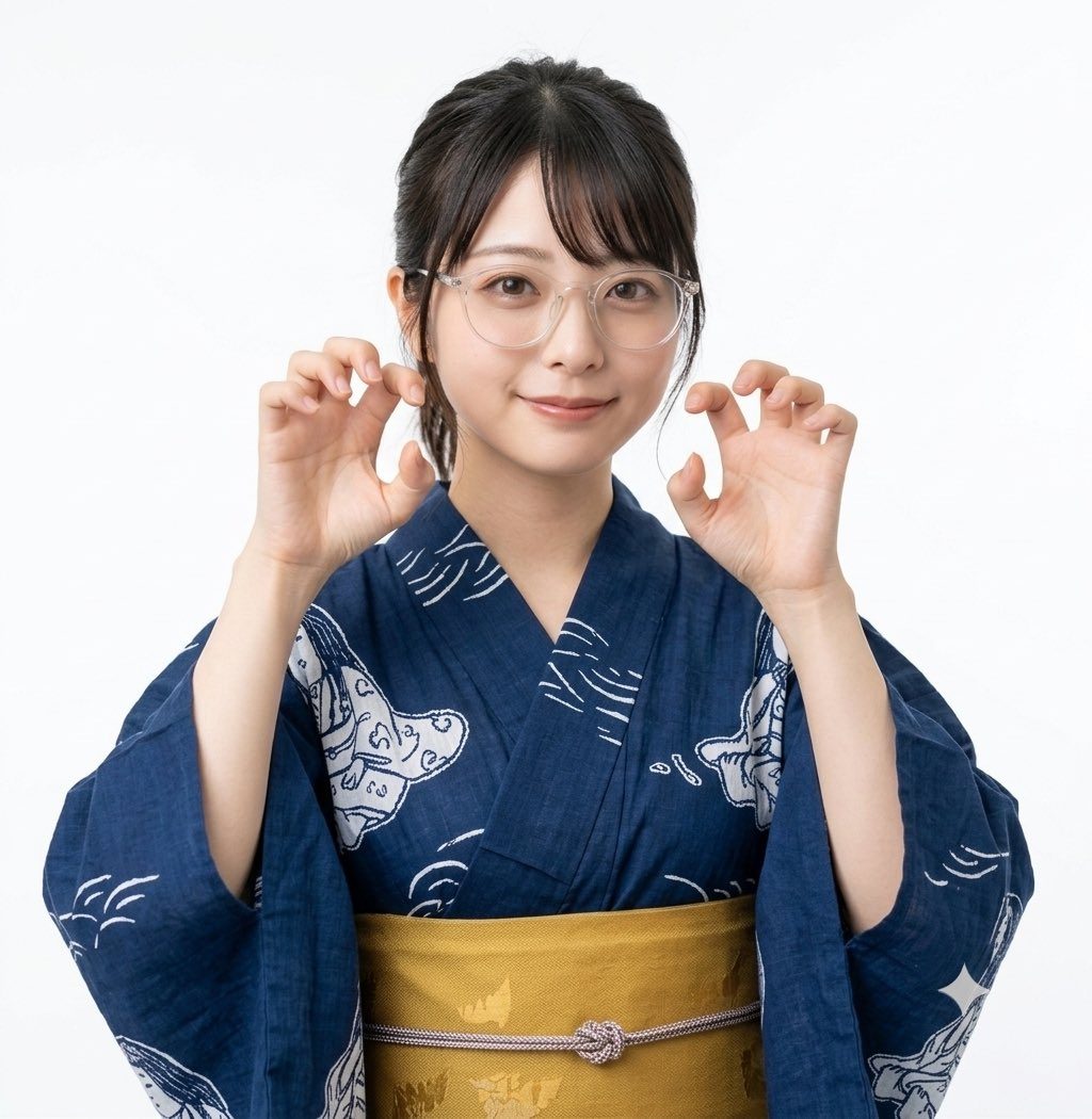 A young woman with dark hair tied in a ponytail, wearing glasses and a blue yukata with white patterns, poses playfully against a white background.
