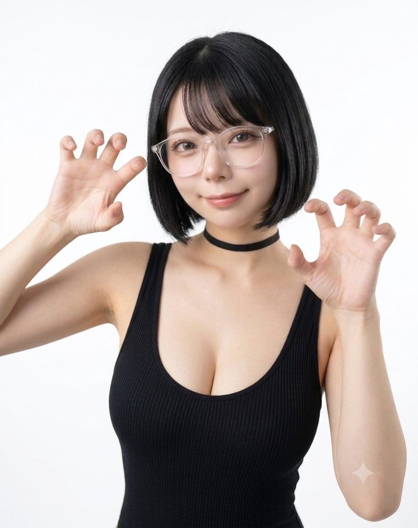 A young woman with short black hair and glasses poses playfully, making claw hands.