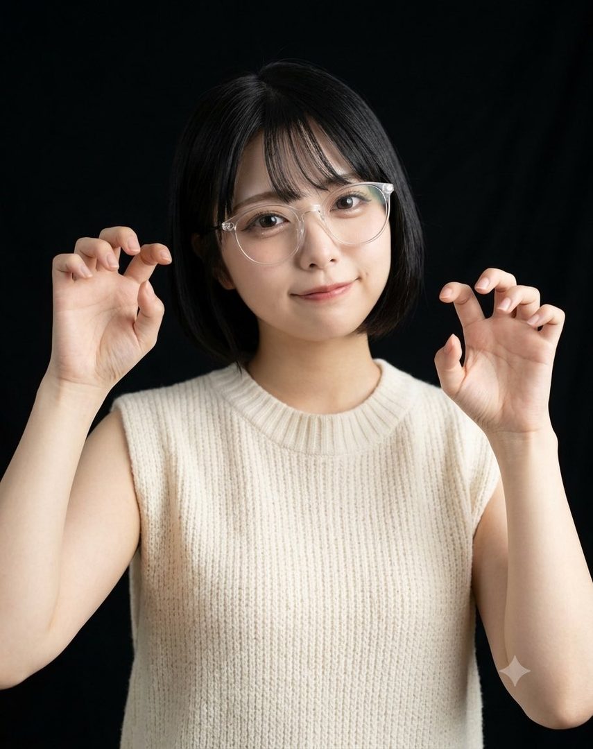 A young East Asian woman with short black hair and glasses smiles playfully, making cat-like hand gestures against a black background.