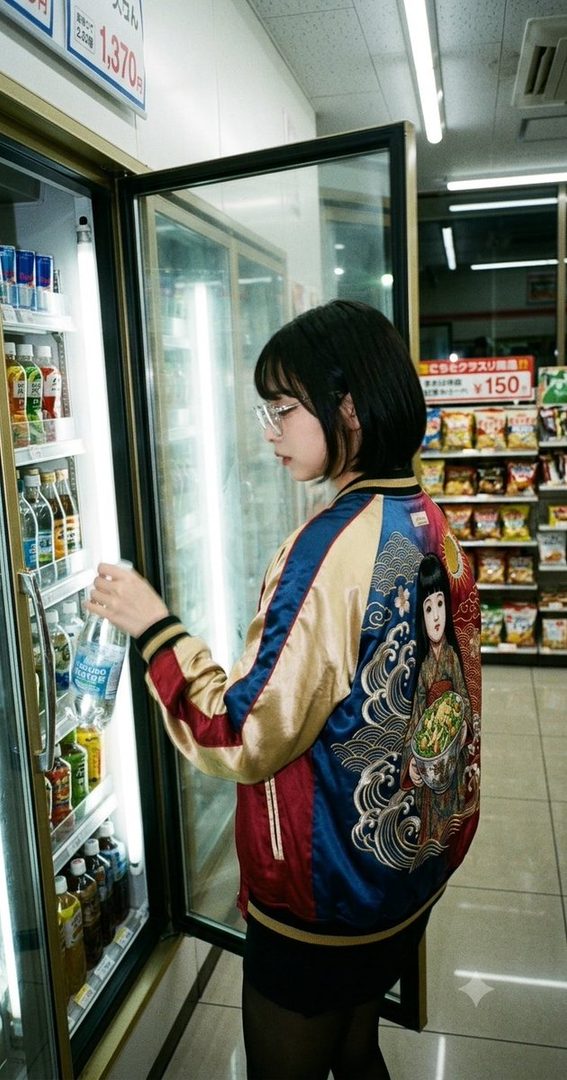 A young woman with short black hair and glasses, wearing a colorful embroidered sukajan jacket, is reaching into a refrigerated display case in a convenience store.