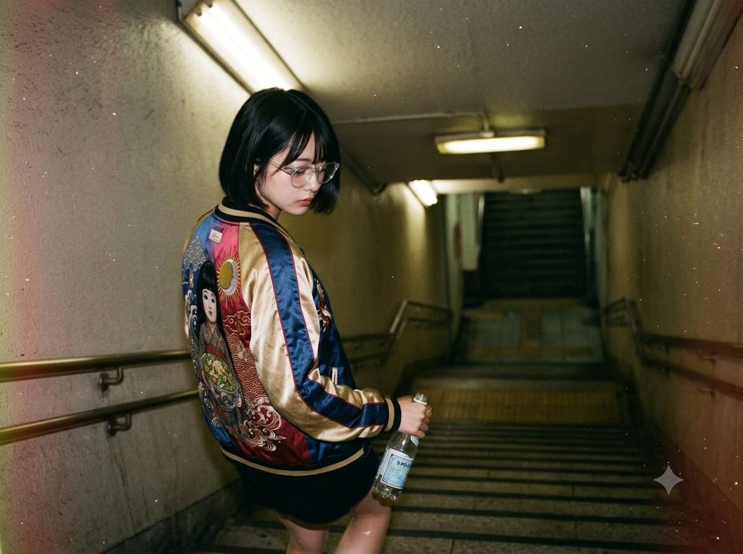 A young woman with short black hair and glasses stands in a subway underpass, wearing a colorful embroidered jacket and holding a bottle of water.