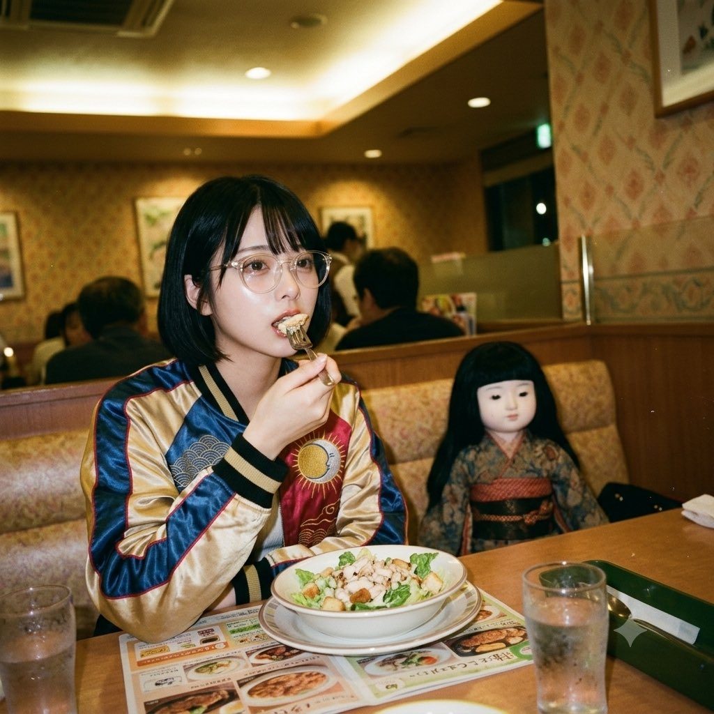 A young woman with short black hair and glasses eats a salad in a restaurant, with a traditional Japanese doll sitting next to her.