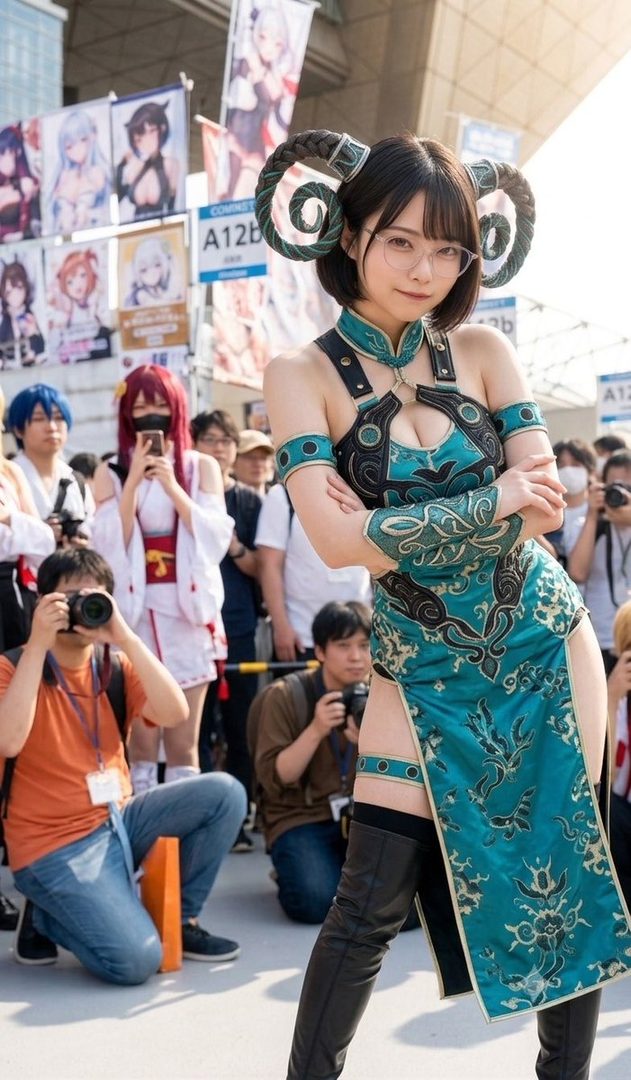 A cosplayer dressed as a character with ram horns and a teal and black outfit, posing outdoors with other people and banners in the background.