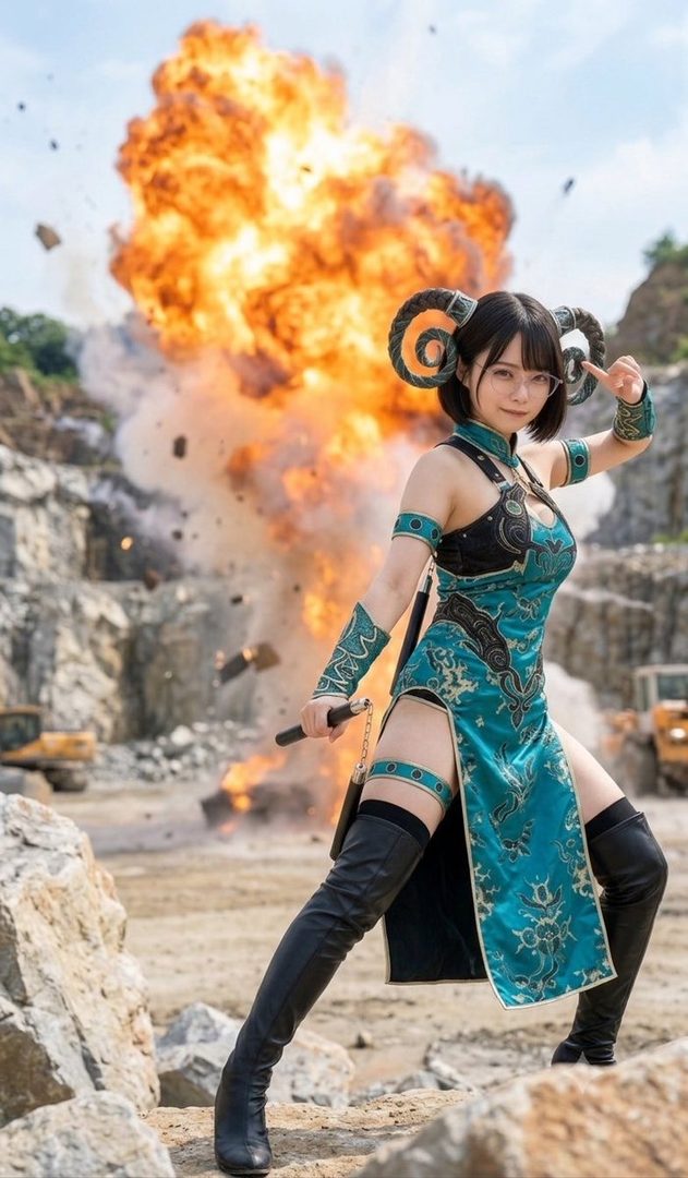 A woman in a teal and black costume with ram horns poses in front of a large explosion in a quarry.
