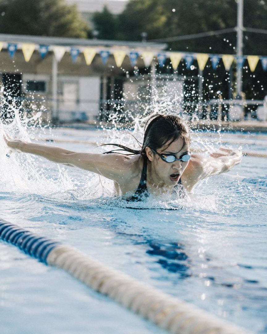 A young woman with dark hair, wearing goggles, swims the butterfly stroke in a pool, with water splashing around her.