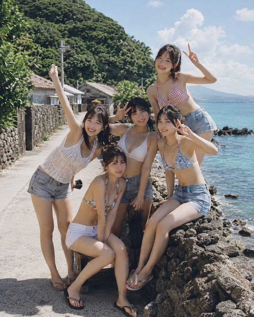 Five young women in bikinis and shorts posing on a rocky beach with the ocean and lush green hills in the background.