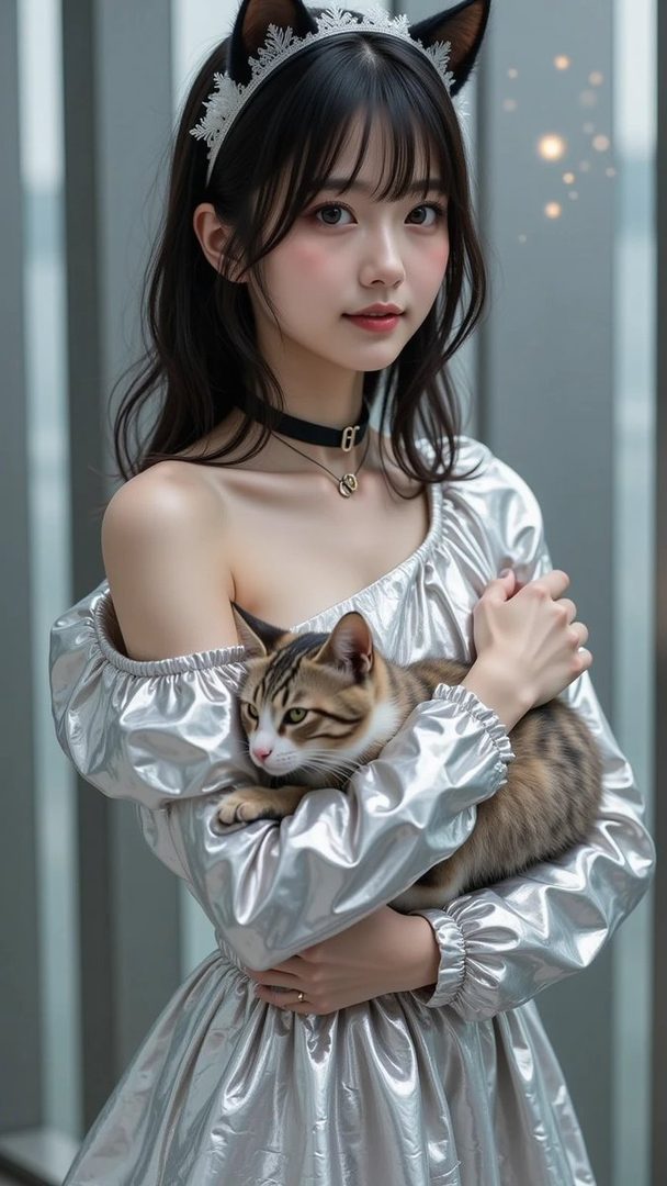 A young woman with black hair and cat ears, wearing a silver dress, holds a cat.