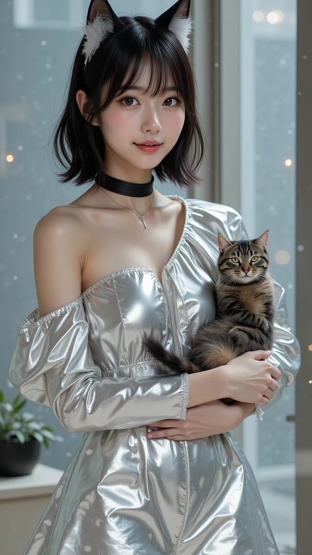 AI generated portrait of a young East Asian woman with short black hair and cat ears, wearing a silver metallic dress and holding a tabby cat.