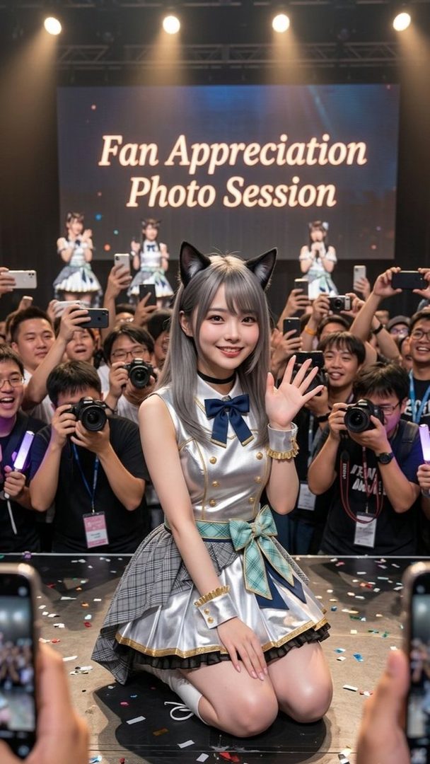 An AI-generated portrait of a young woman with silver hair and cat ears, wearing a silver and blue outfit, waving to a crowd at a fan appreciation photo session.