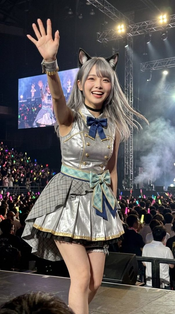 A young Japanese idol with silver hair and cat ears waves to the audience during a concert, wearing a silver and blue outfit.