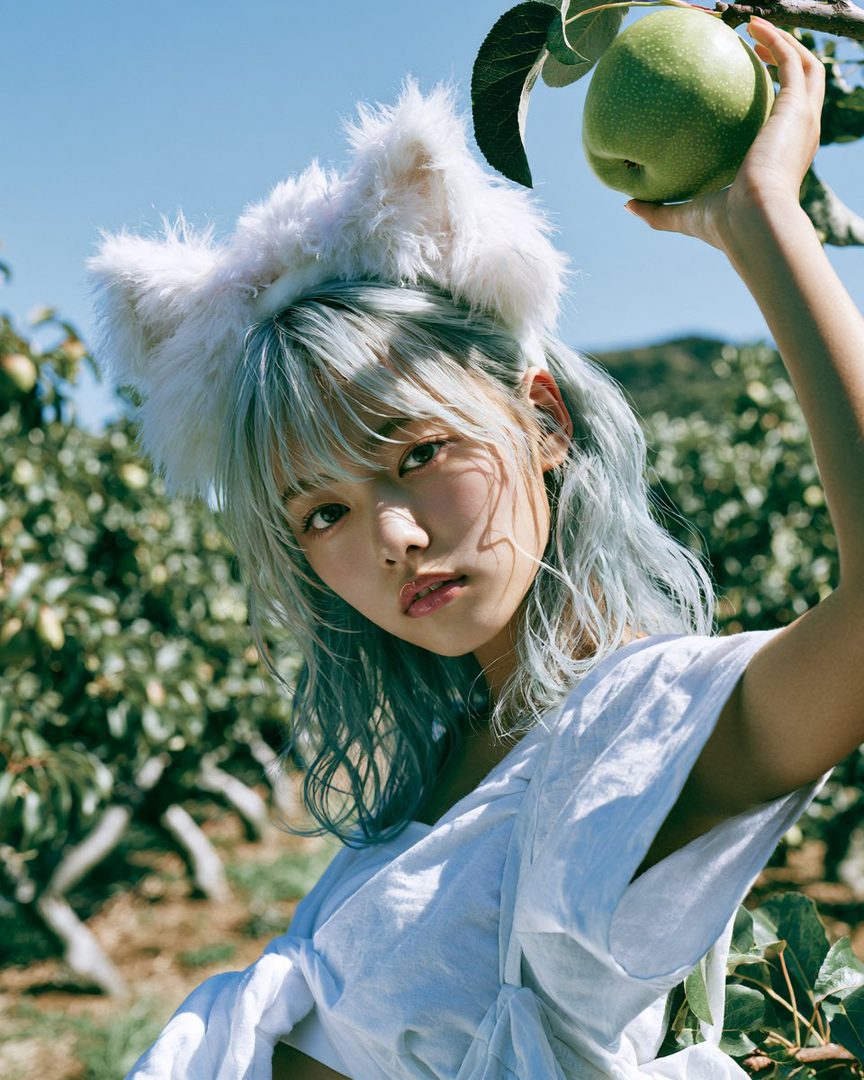 A young woman with light blue hair and fluffy white cat ears holds a green apple in an orchard.