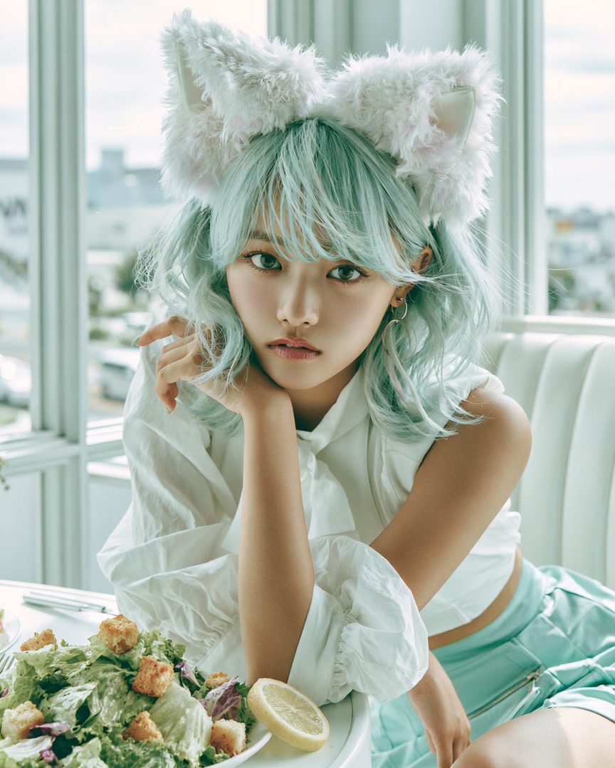 A young woman with light blue hair and cat ears sits at a table with a salad, looking at the camera.