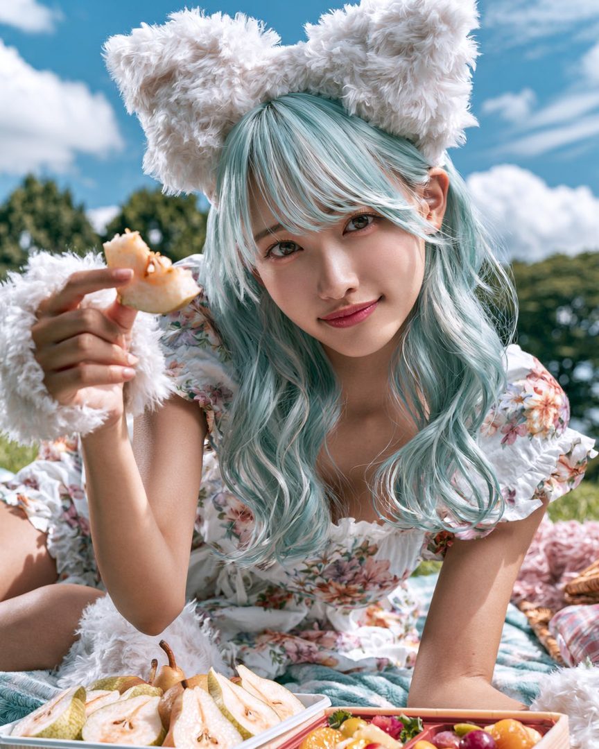 A young woman with long, light blue hair and fluffy white bunny ears is holding a slice of pear and smiling at the camera, sitting outdoors on a picnic blanket with fruit.