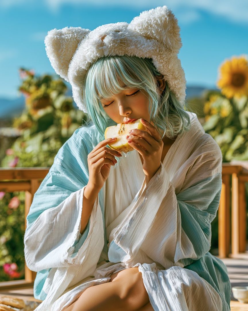 A young woman with light blue hair and a fluffy white hat with cat ears eats a slice of pear outdoors.