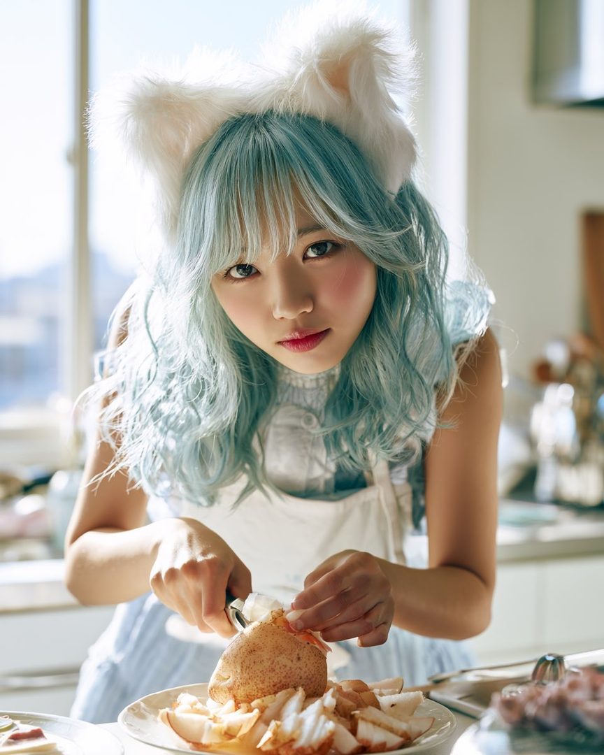 A young woman with long, wavy, light blue hair and cat ears is peeling a potato in a bright kitchen.