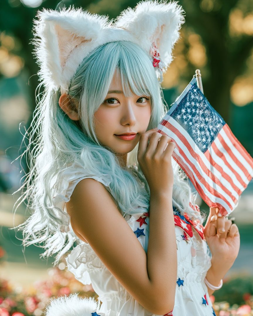 A young woman with light blue hair and cat ears holds an American flag, wearing a white dress with red and blue stars, outdoors.